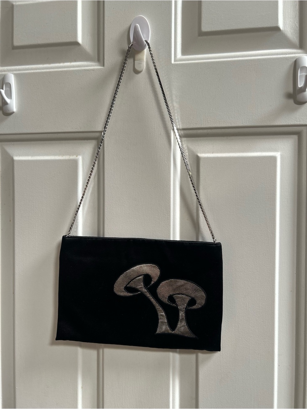 Bergdorf Goodman REVA Black Satin Shoulder Bag with Silver Mushroom Motif